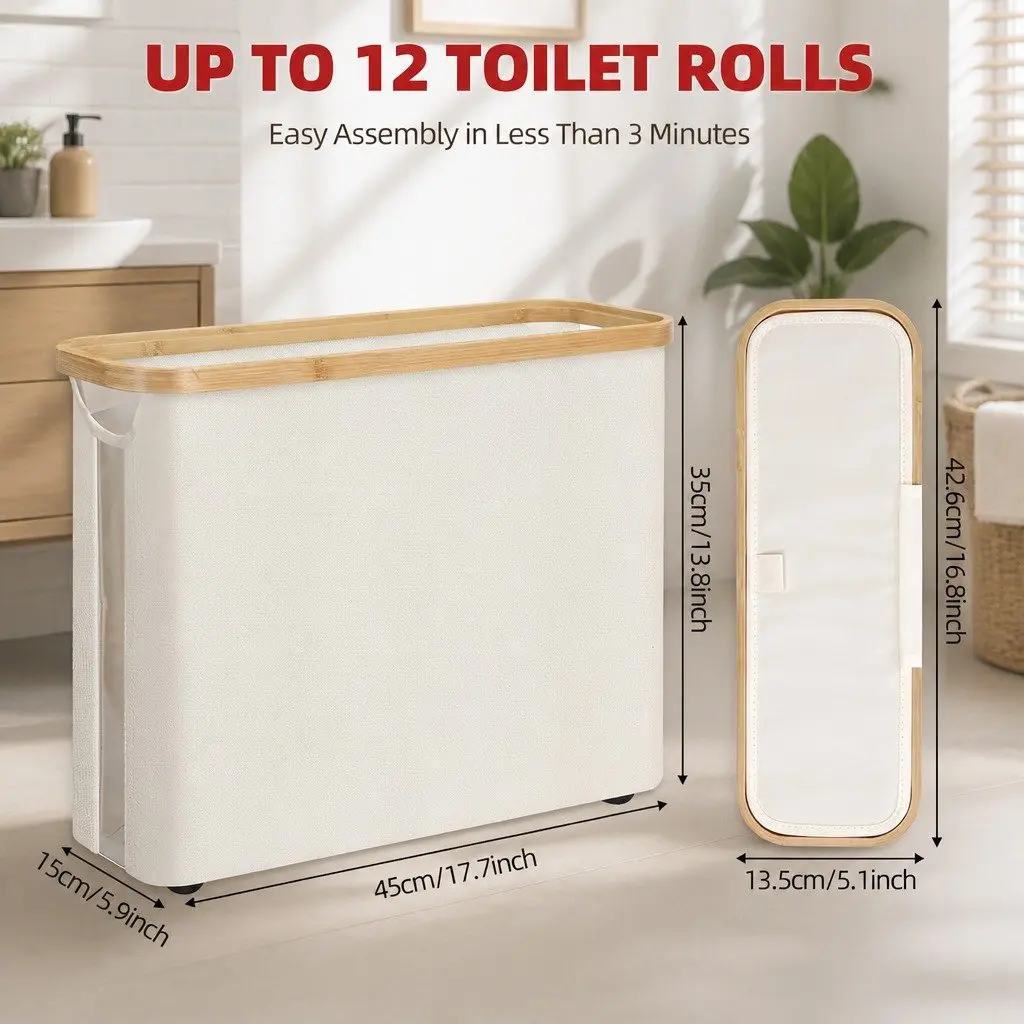 Toilet Paper Storage Basket 12 Rolls Organizer Bamboo Lid Handle Bathroom Closet