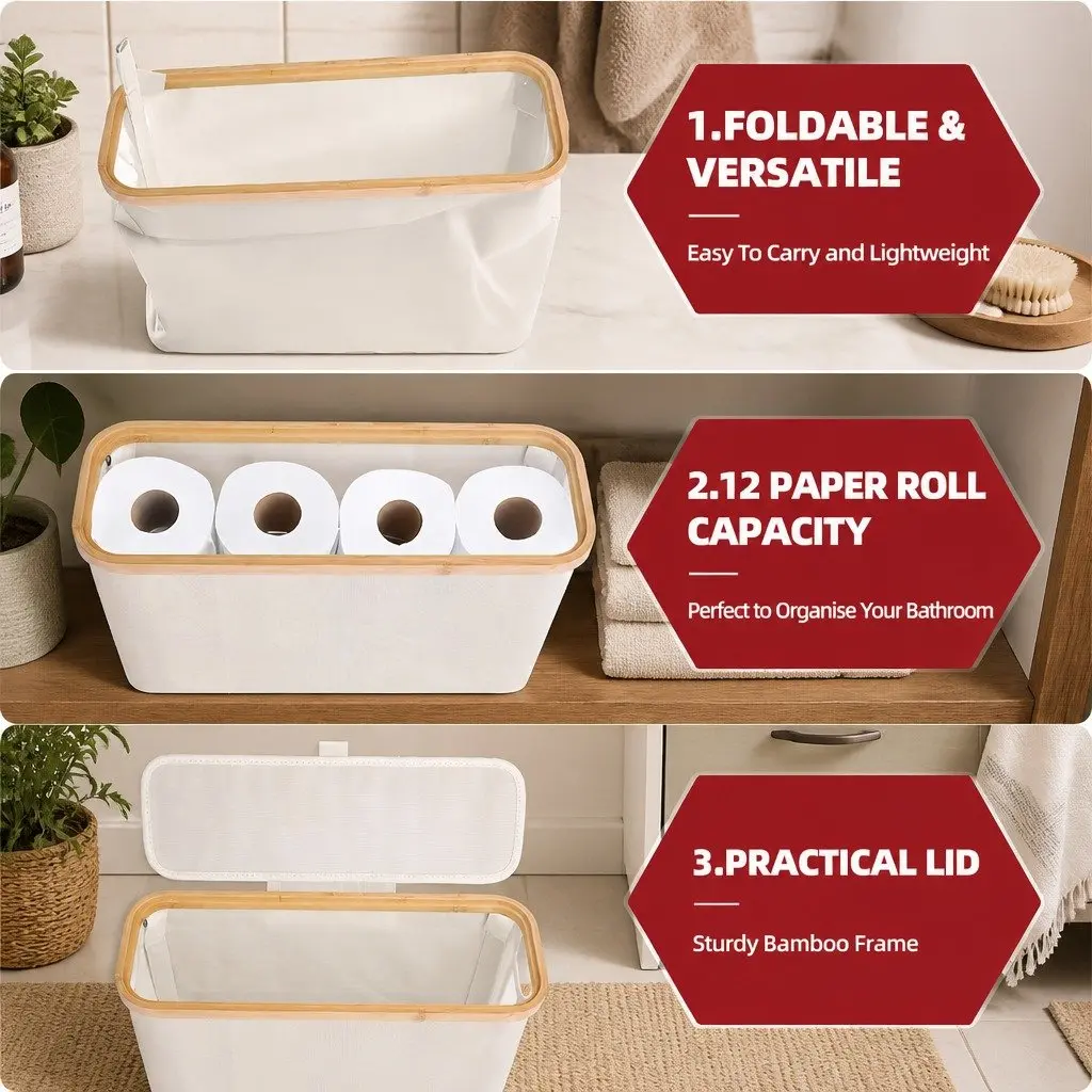 Toilet Paper Storage Basket 12 Rolls Organizer Bamboo Lid Handle Bathroom Closet