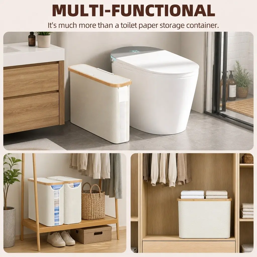 Toilet Paper Storage Basket 12 Rolls Organizer Bamboo Lid Handle Bathroom Closet