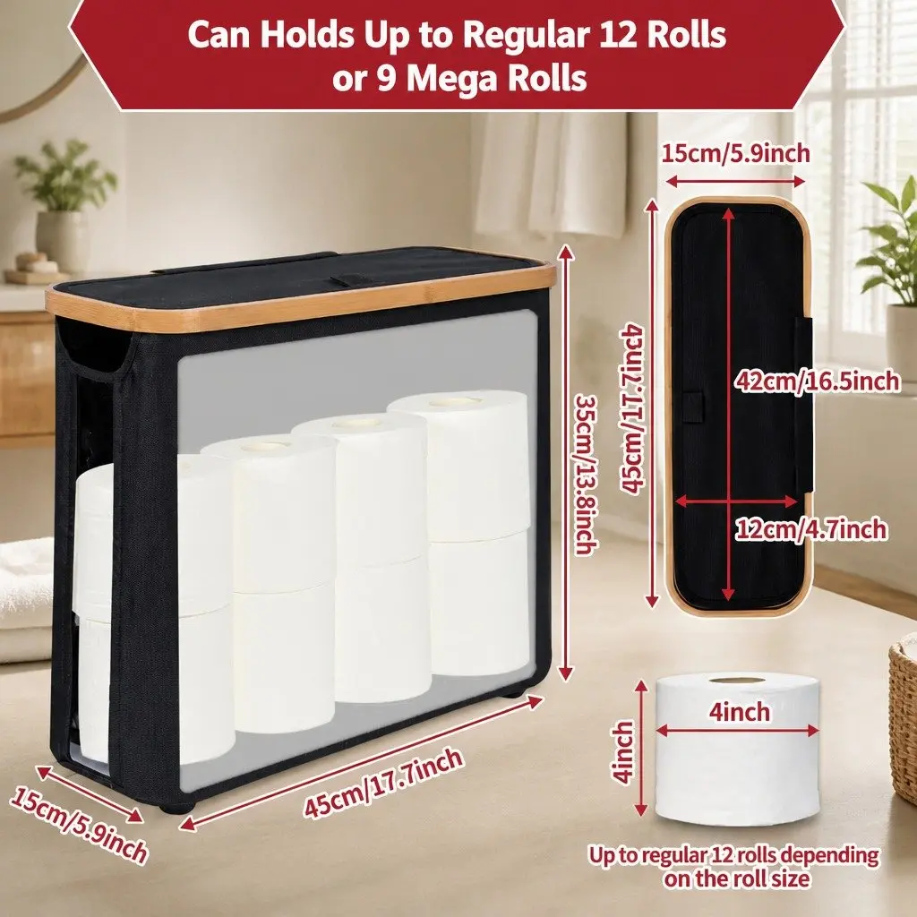 Toilet Paper Storage Basket 12 Roll Capacity Bamboo Lid Handle Bathroom