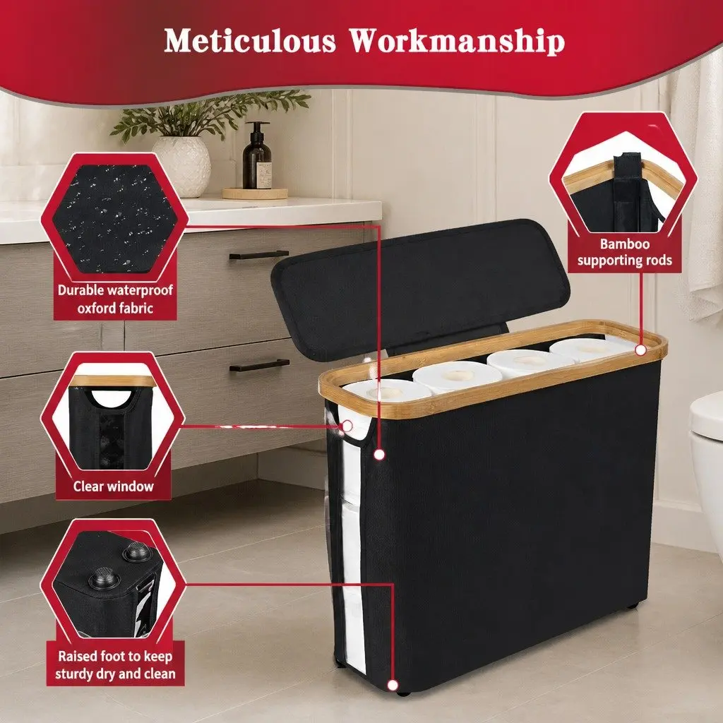 Toilet Paper Storage Basket 12 Roll Capacity Bamboo Lid Handle Bathroom
