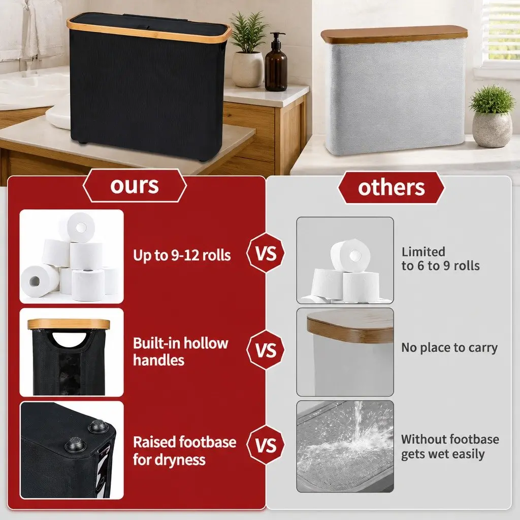 Toilet Paper Storage Basket 12 Roll Capacity Bamboo Lid Handle Bathroom