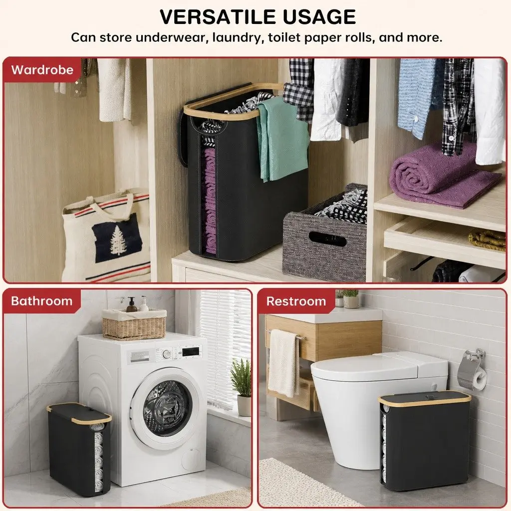 Toilet Paper Storage Basket 12 Roll Capacity Bamboo Lid Handle Bathroom