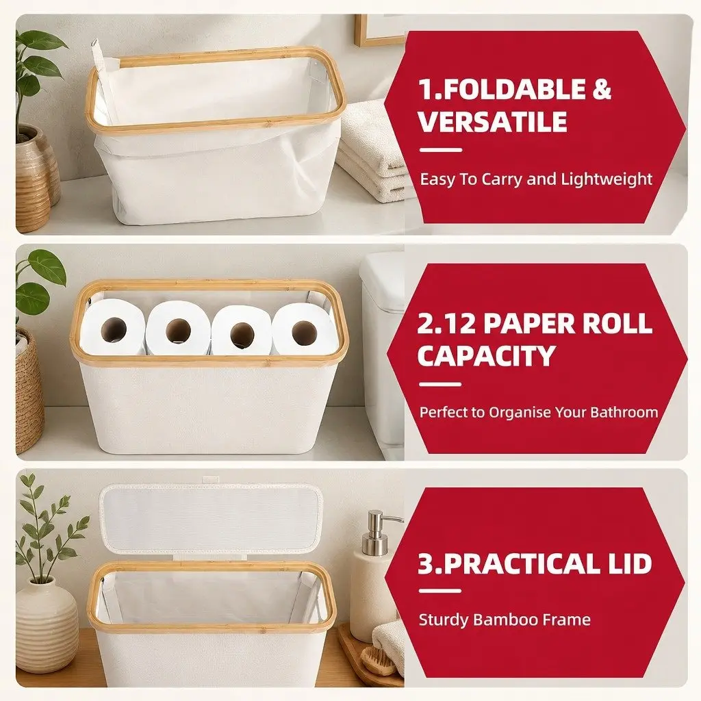 Toilet Paper Storage Basket 12 Roll Capacity Bamboo Lid Handle Bathroom