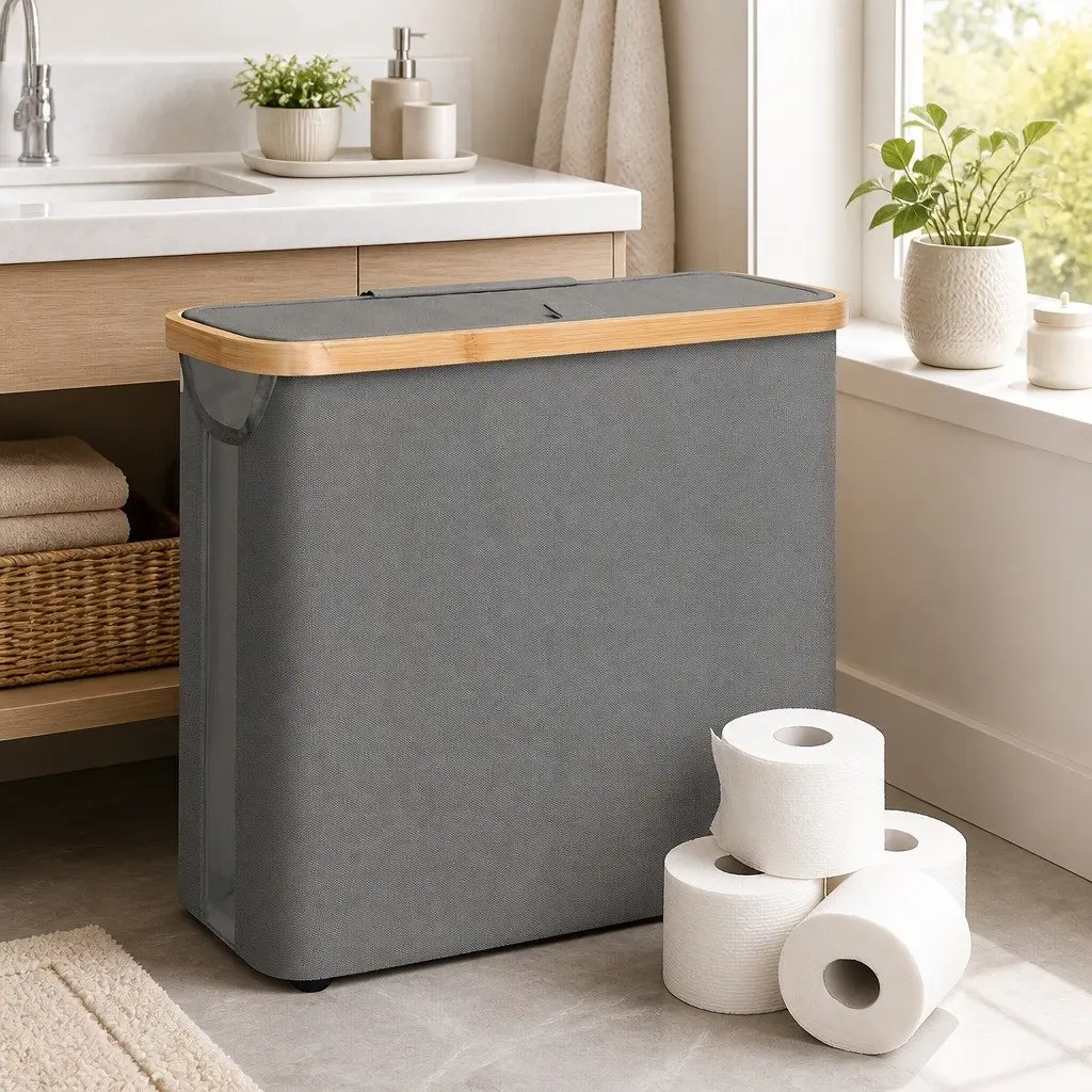 Toilet Paper Storage Basket Holds 12 Rolls Bamboo Lid Handle Organizer RV Closet