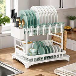 2-Tier Dish Drying Rack Countertop Kitchen Storage Utensil Holder Cup Hooks