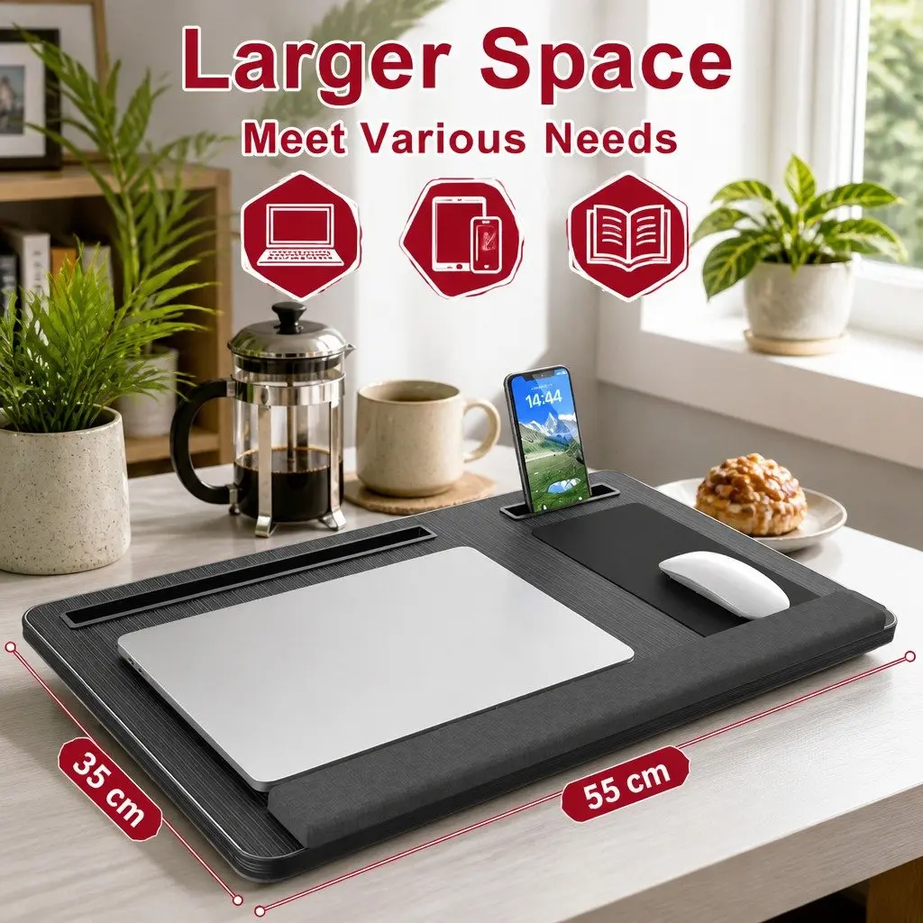 Portable Lap Desk Oversized with Cushion Mouse Pad Tablet Phone Holder Fits 17