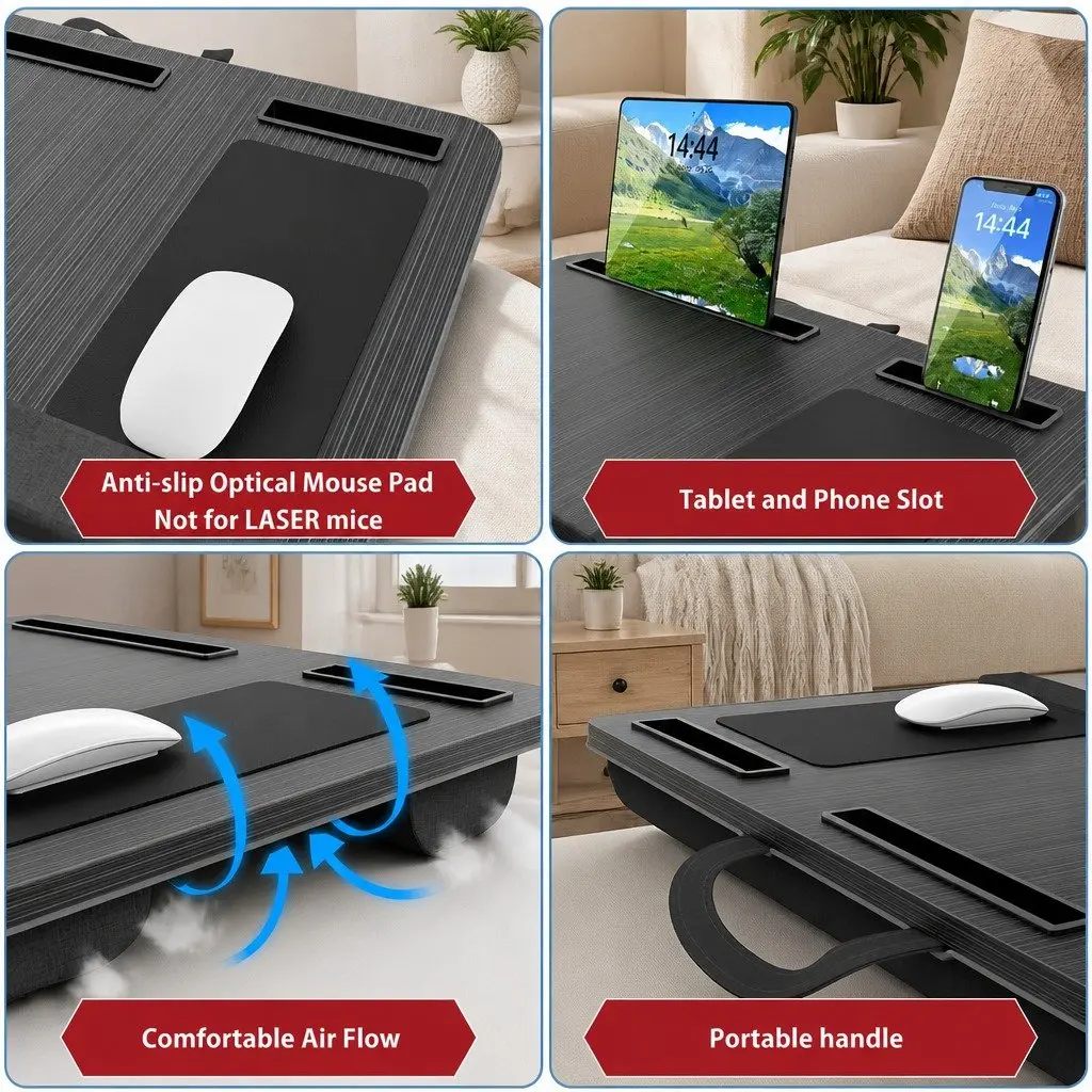 Portable Lap Desk Oversized with Cushion Mouse Pad Tablet Phone Holder Fits 17