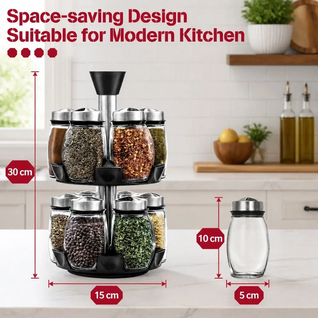 Rotating Spice Rack Organizer 16 Glass Jars Kitchen Countertop Storage