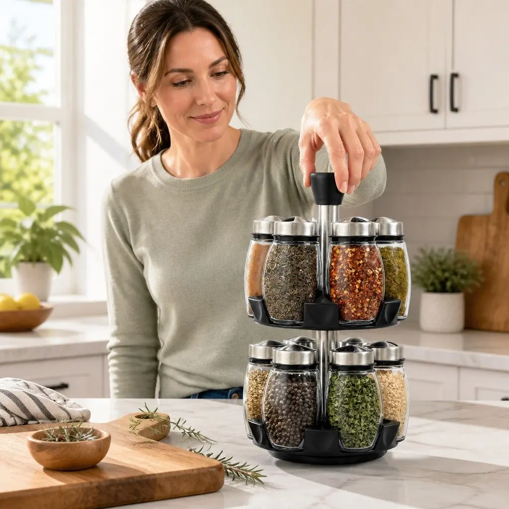 Rotating Spice Rack Organizer 16 Glass Jars Kitchen Countertop Storage