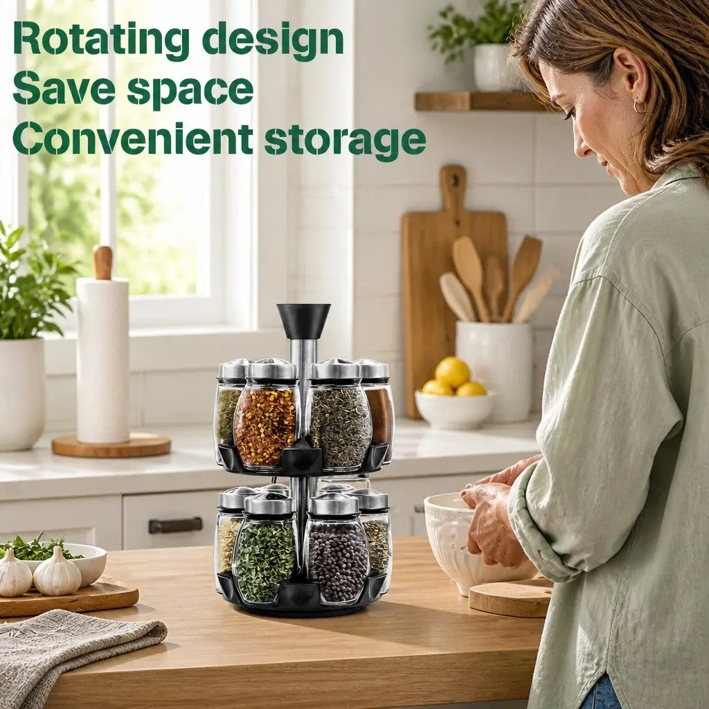 Rotating Spice Rack Organizer 16 Glass Jars Kitchen Countertop Storage