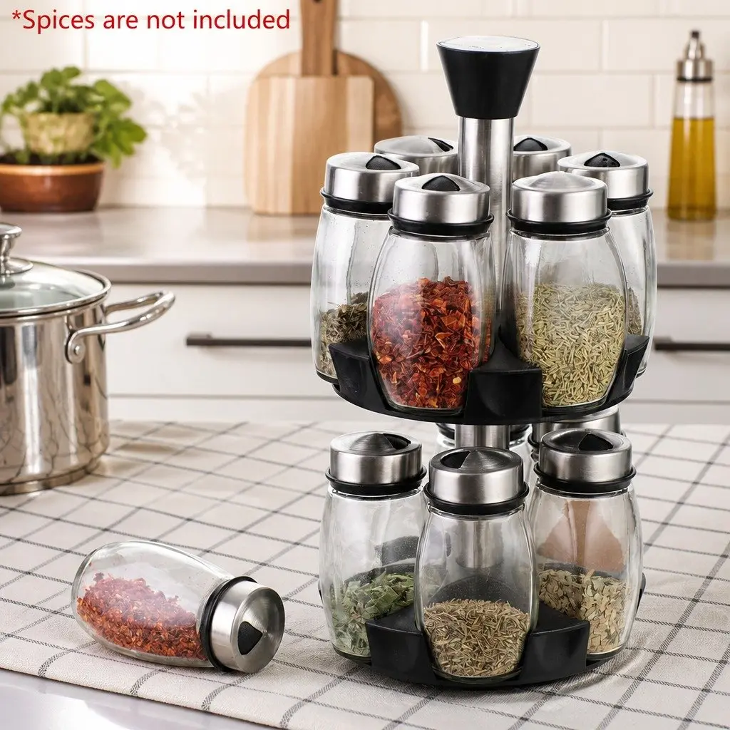 Rotating Spice Rack Organizer 16 Glass Jars Kitchen Countertop Storage