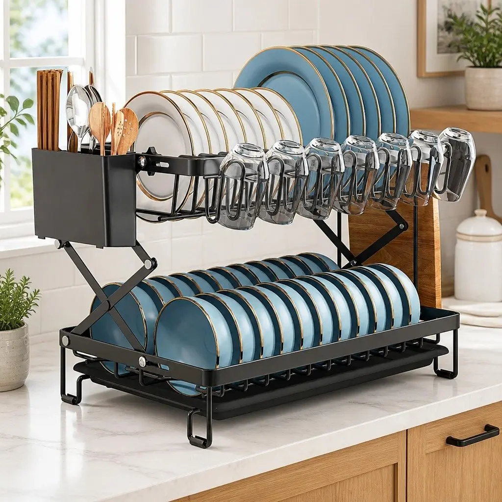 2-Tier Dish Drying Rack with Drainage Tray Utensil Holder Cup Hooks Cutting
