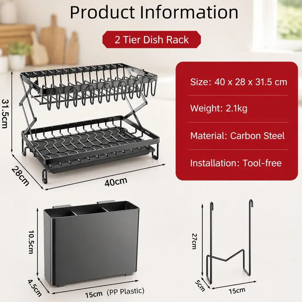 2-Tier Dish Drying Rack with Drainage Tray Utensil Holder Cup Hooks Cutting