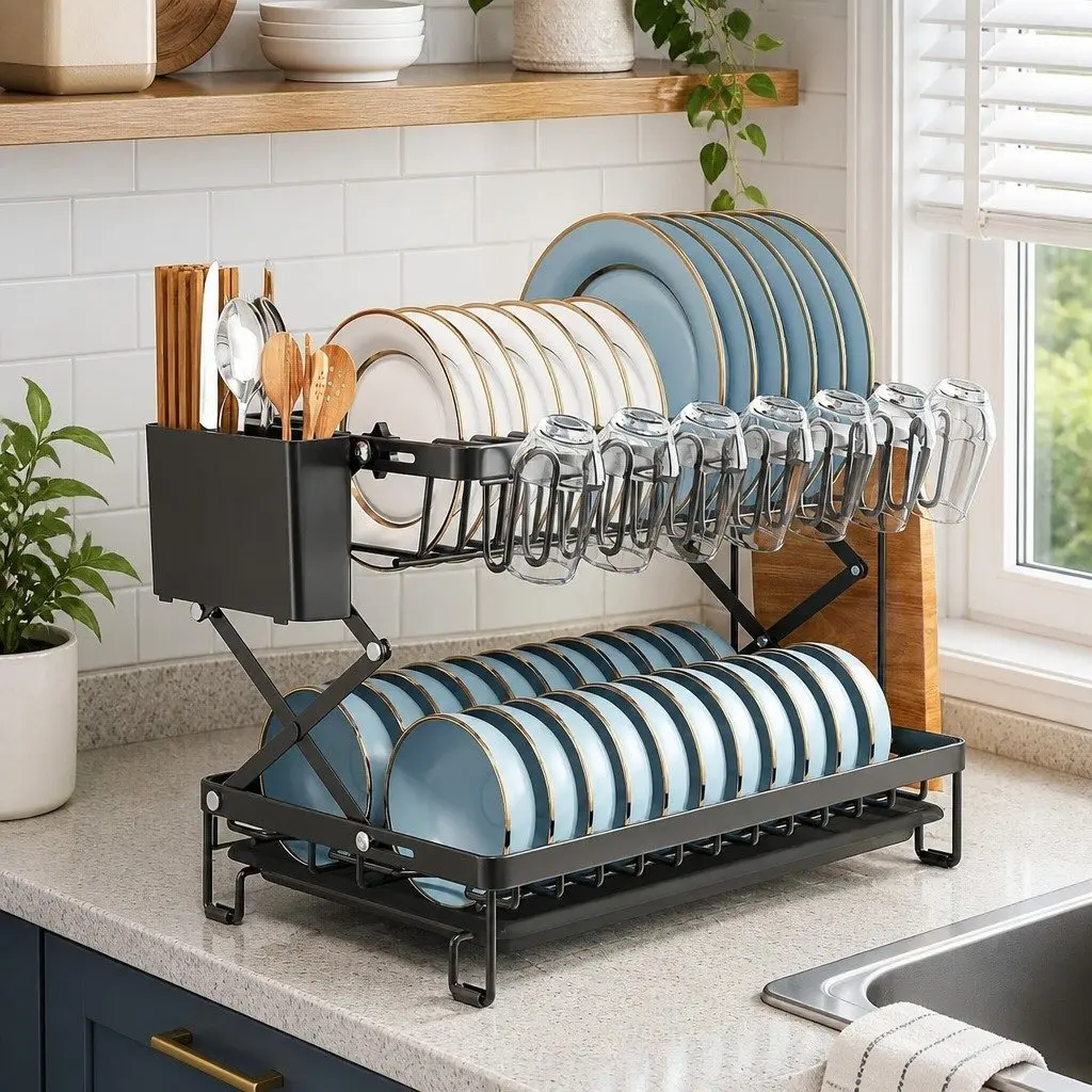 2-Tier Dish Drying Rack with Drainage Tray Utensil Holder Cup Hooks Cutting