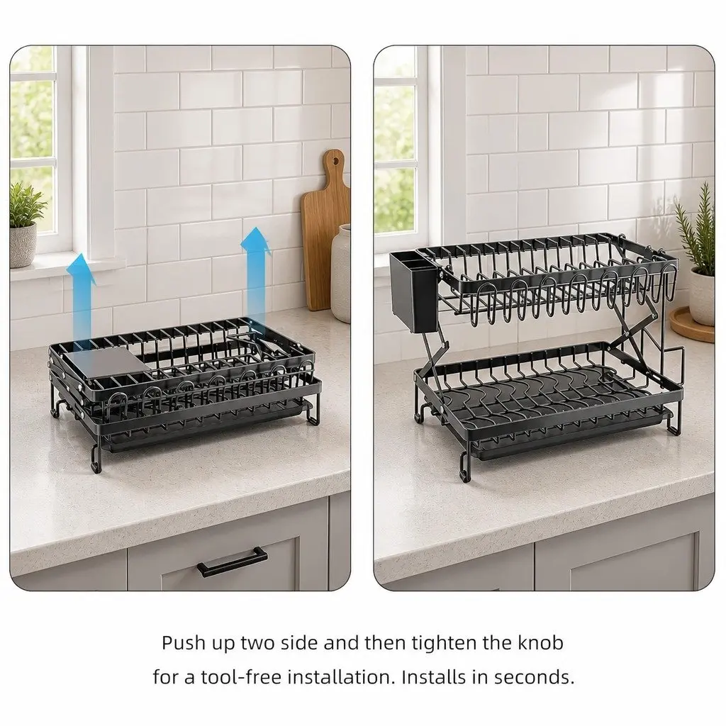 2-Tier Dish Drying Rack with Drainage Tray Utensil Holder Cup Hooks Cutting