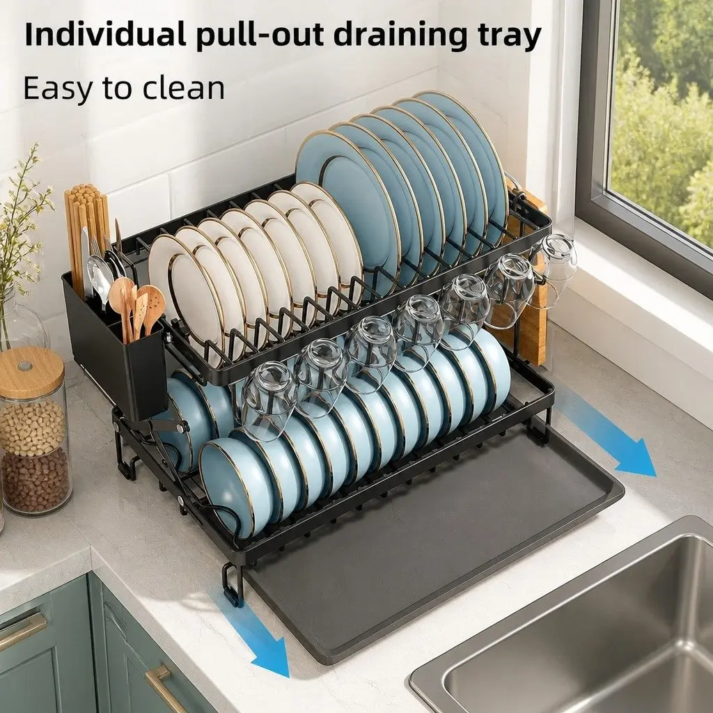 2-Tier Dish Drying Rack with Drainage Tray Utensil Holder Cup Hooks Cutting