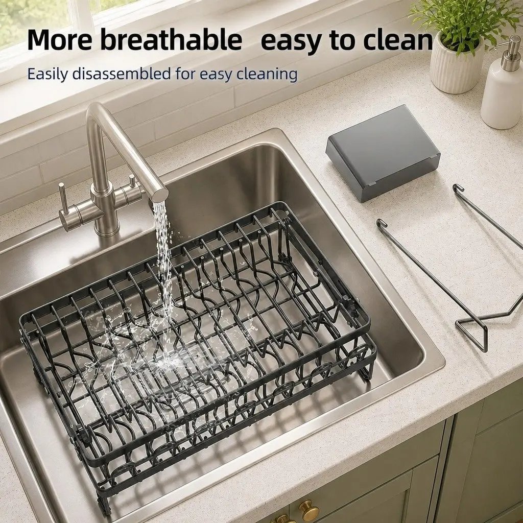 2-Tier Dish Drying Rack with Drainage Tray Utensil Holder Cup Hooks Cutting