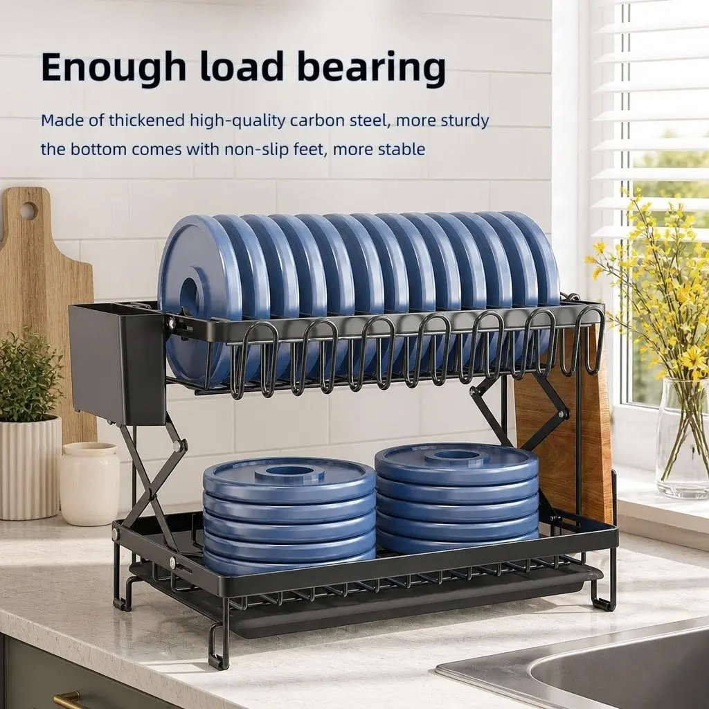2-Tier Dish Drying Rack with Drainage Tray Utensil Holder Cup Hooks Cutting
