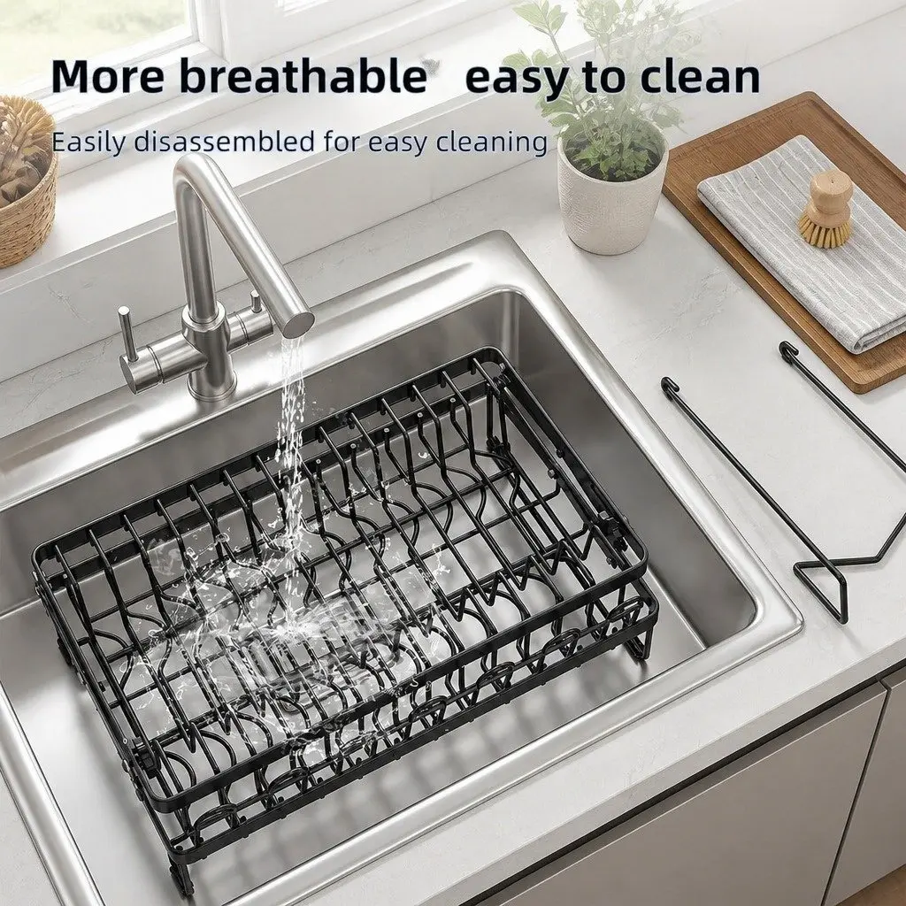 2-Tier Dish Drying Rack with Drainage Tray Utensil Holder Cup Hooks Cutting