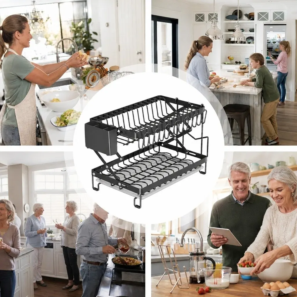 2-Tier Dish Drying Rack with Drainage Tray Utensil Holder Cup Hooks Cutting