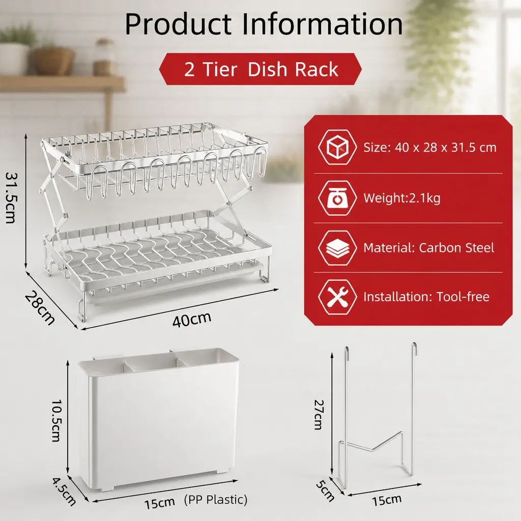 2-Tier Dish Drying Rack with Drainage Tray Utensil Holder Cup Hooks Cutting