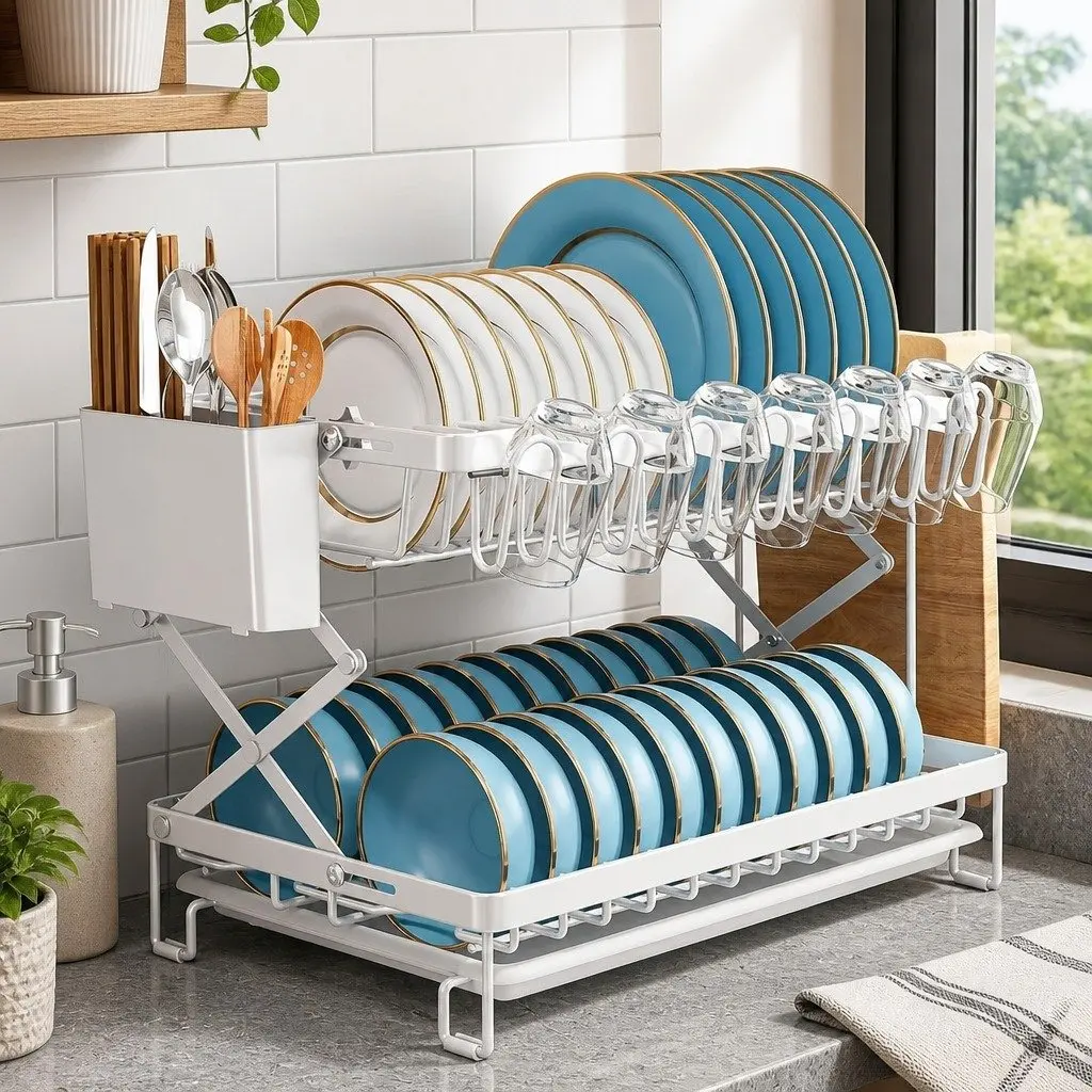 2-Tier Dish Drying Rack with Drainage Tray Utensil Holder Cup Hooks Cutting