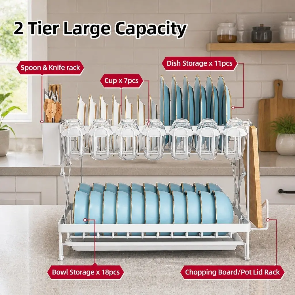 2-Tier Dish Drying Rack with Drainage Tray Utensil Holder Cup Hooks Cutting