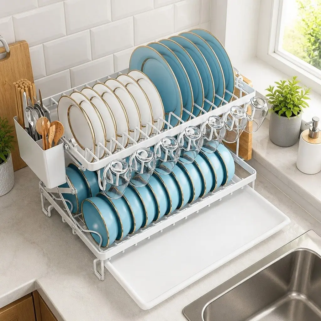 2-Tier Dish Drying Rack with Drainage Tray Utensil Holder Cup Hooks Cutting