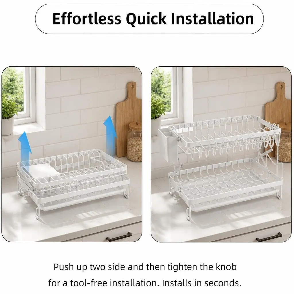 2-Tier Dish Drying Rack with Drainage Tray Utensil Holder Cup Hooks Cutting