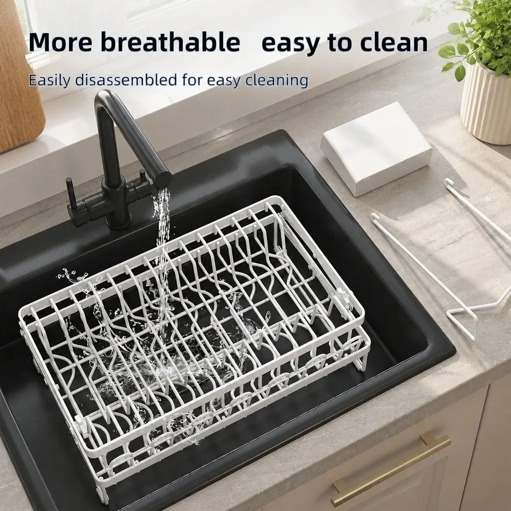 2-Tier Dish Drying Rack with Drainage Tray Utensil Holder Cup Hooks Cutting