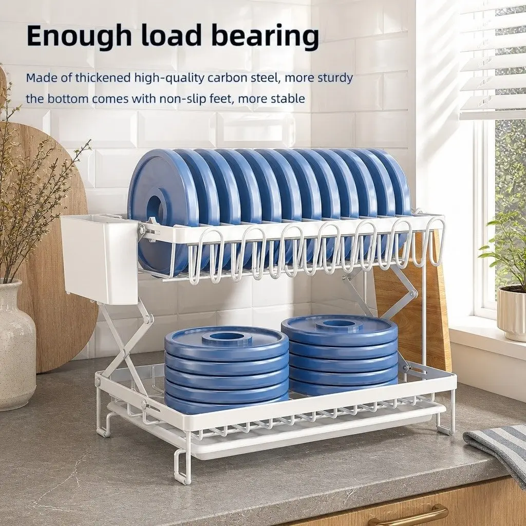 2-Tier Dish Drying Rack with Drainage Tray Utensil Holder Cup Hooks Cutting