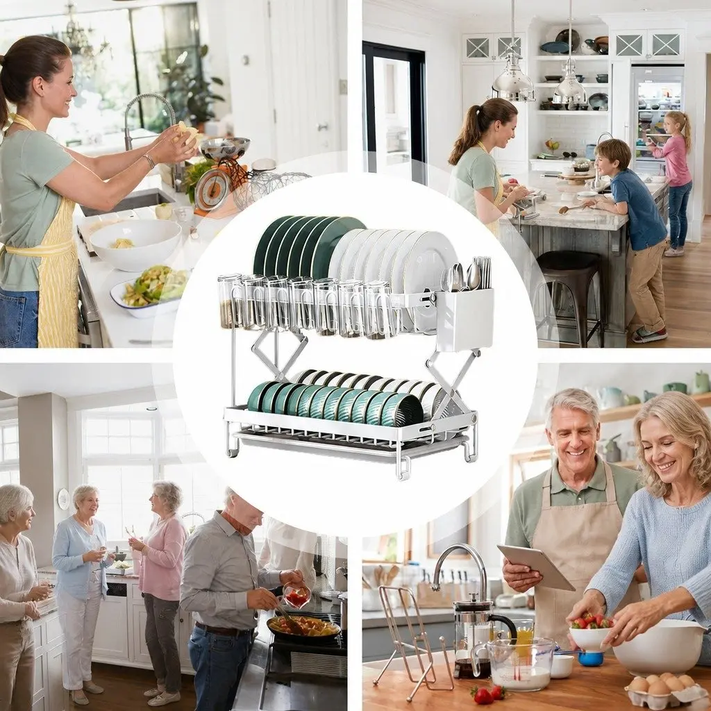 2-Tier Dish Drying Rack with Drainage Tray Utensil Holder Cup Hooks Cutting