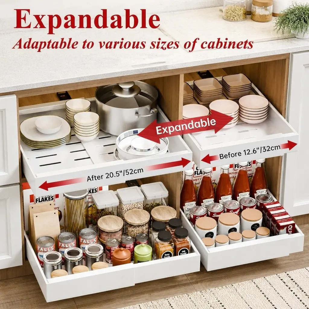 Pull Out Cabinet Organizer for Kitchen Cabinets Pantry Adjustable Slide Out Shelves White