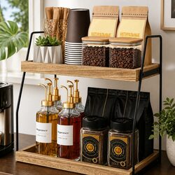 2-Tier Wooden Coffee Station Organizer Storage Rack for Kitchen Coffee Bar Shelf