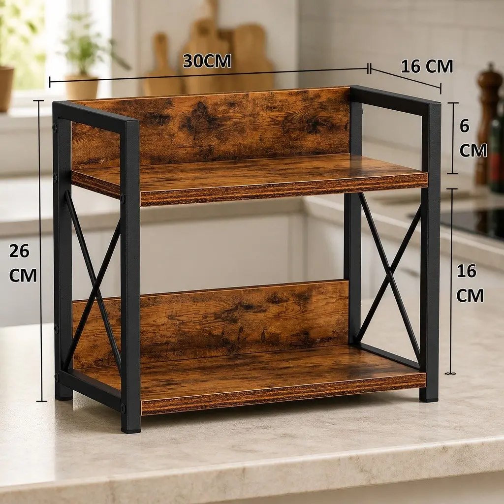 2-Tier Countertop Shelf Organizer Kitchen Spice Rack Rustic Wood Storage