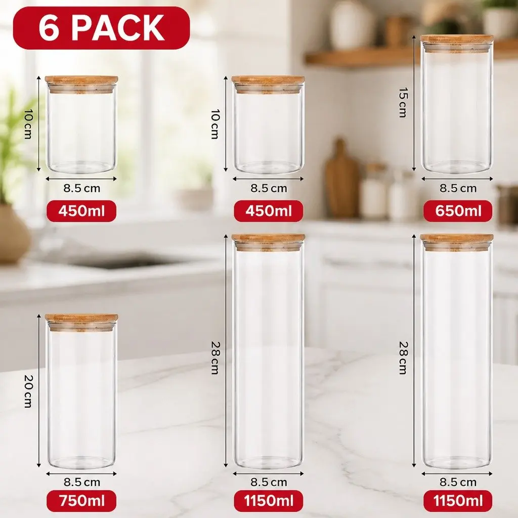 Glass Storage Jars 6 Pack Bamboo Lids Kitchen Pantry Airtight Containers