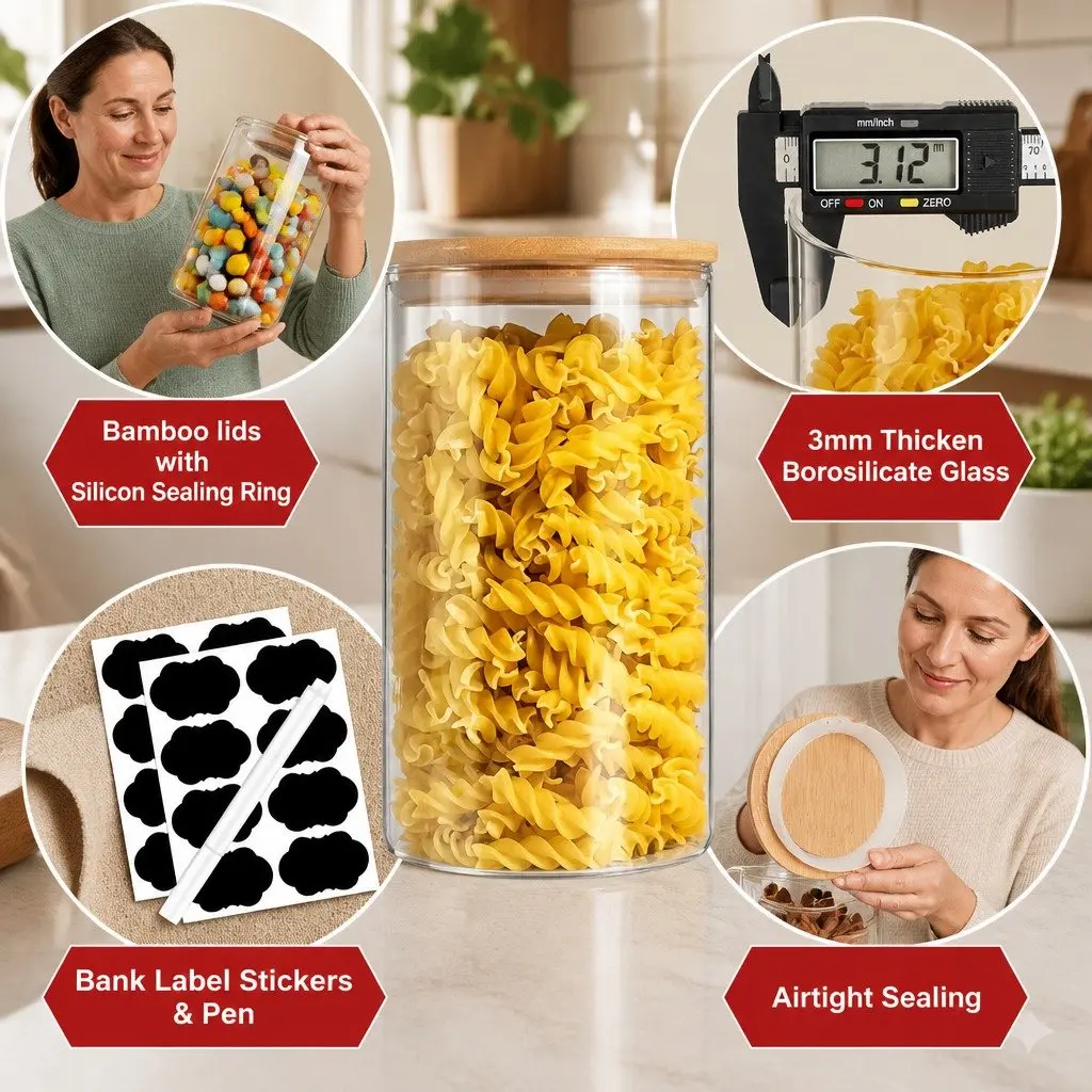 Glass Storage Jars 6 Pack Bamboo Lids Kitchen Pantry Airtight Containers