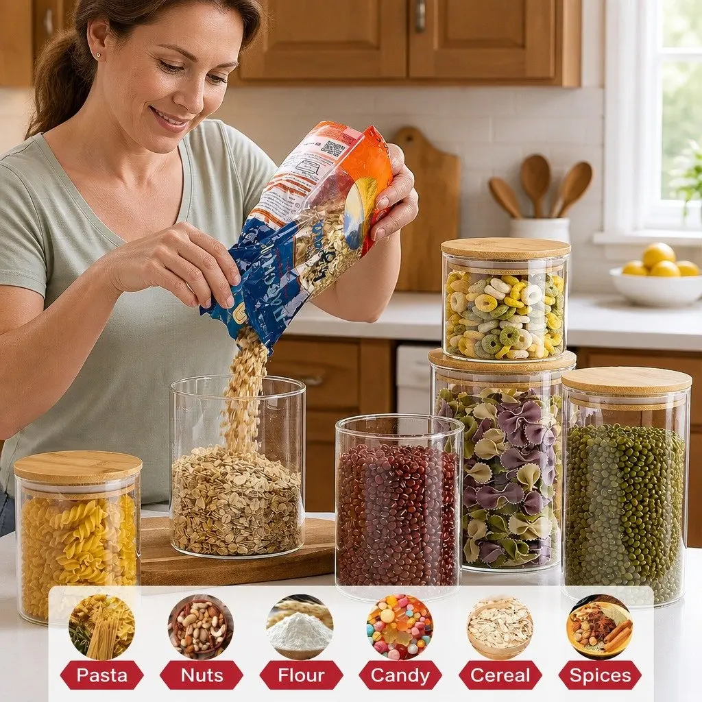 Glass Storage Jars 6 Pack Bamboo Lids Kitchen Pantry Airtight Containers