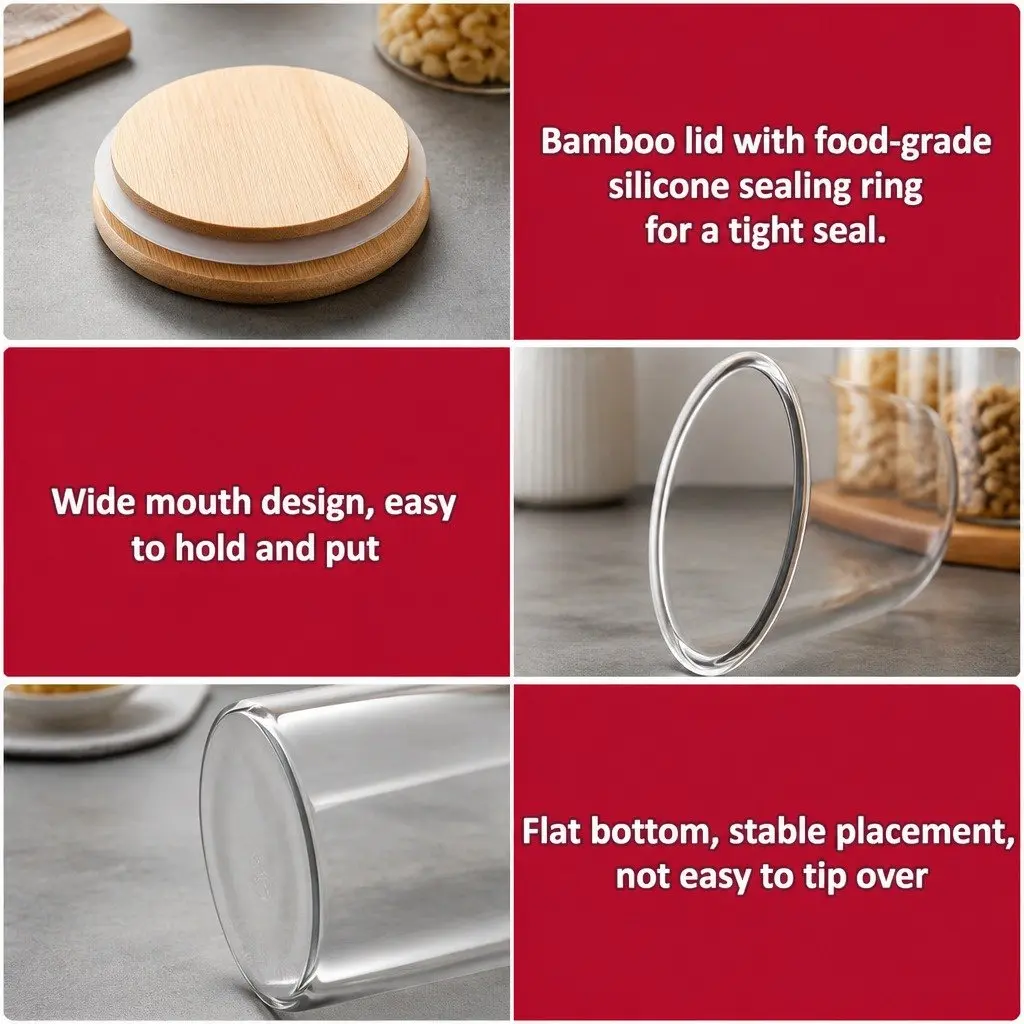 Glass Storage Jars 6 Pack Bamboo Lids Kitchen Pantry Airtight Containers
