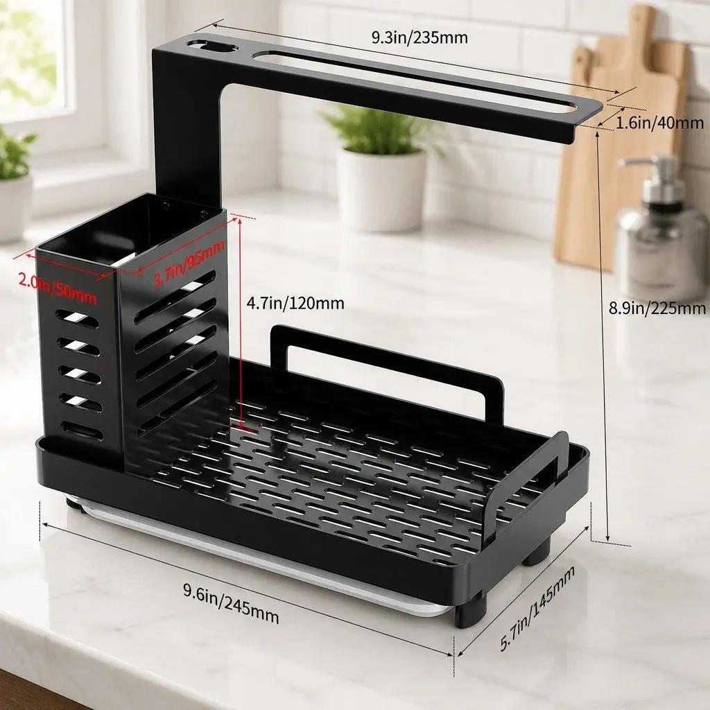 Kitchen Sink Caddy Organizer with Sponge Soap Brush Storage Drain Tray Rag Rack
