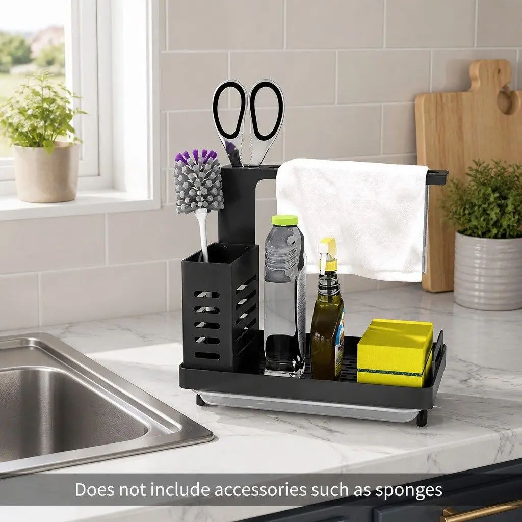 Kitchen Sink Caddy Organizer with Sponge Soap Brush Storage Drain Tray Rag Rack