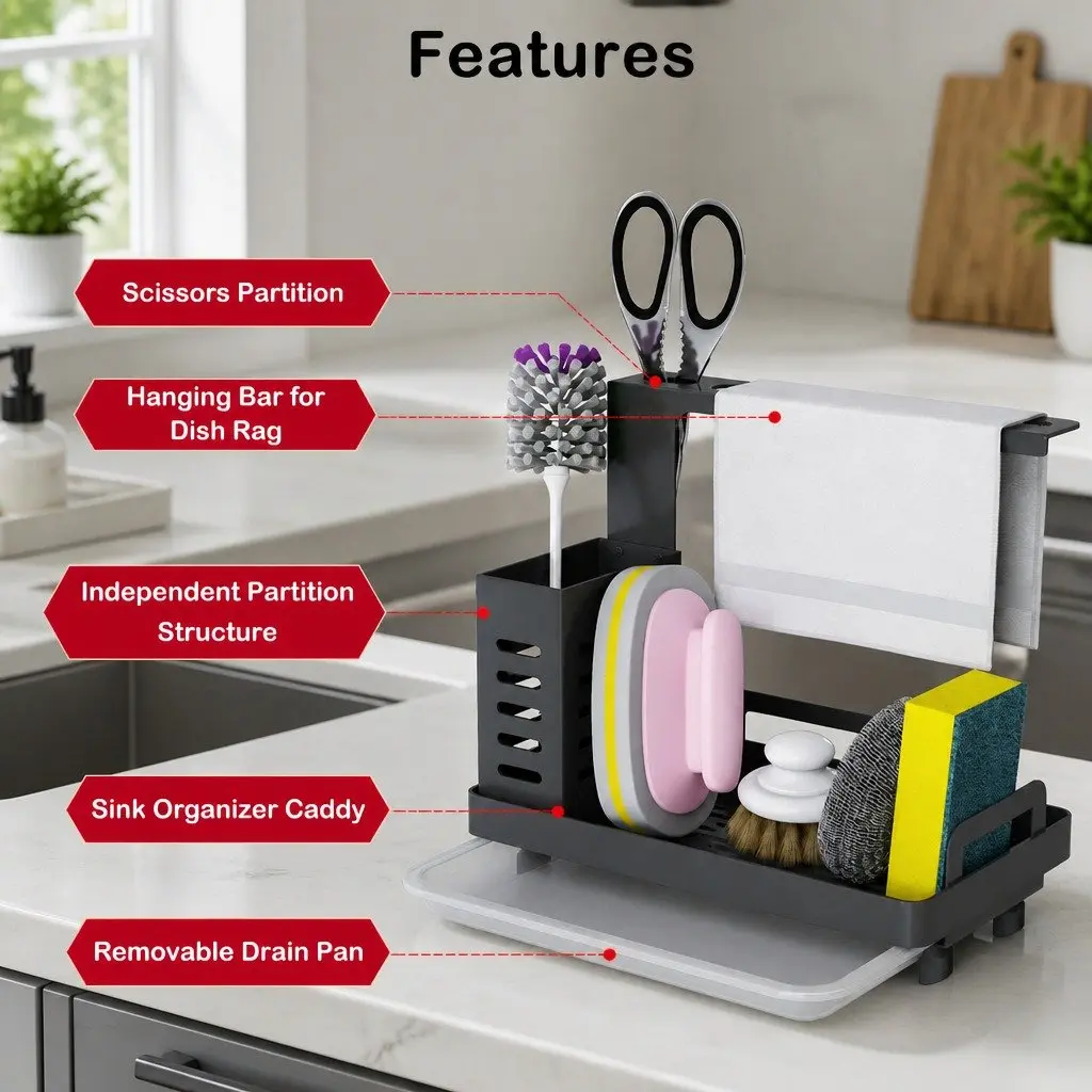 Kitchen Sink Caddy Organizer with Sponge Soap Brush Storage Drain Tray Rag Rack