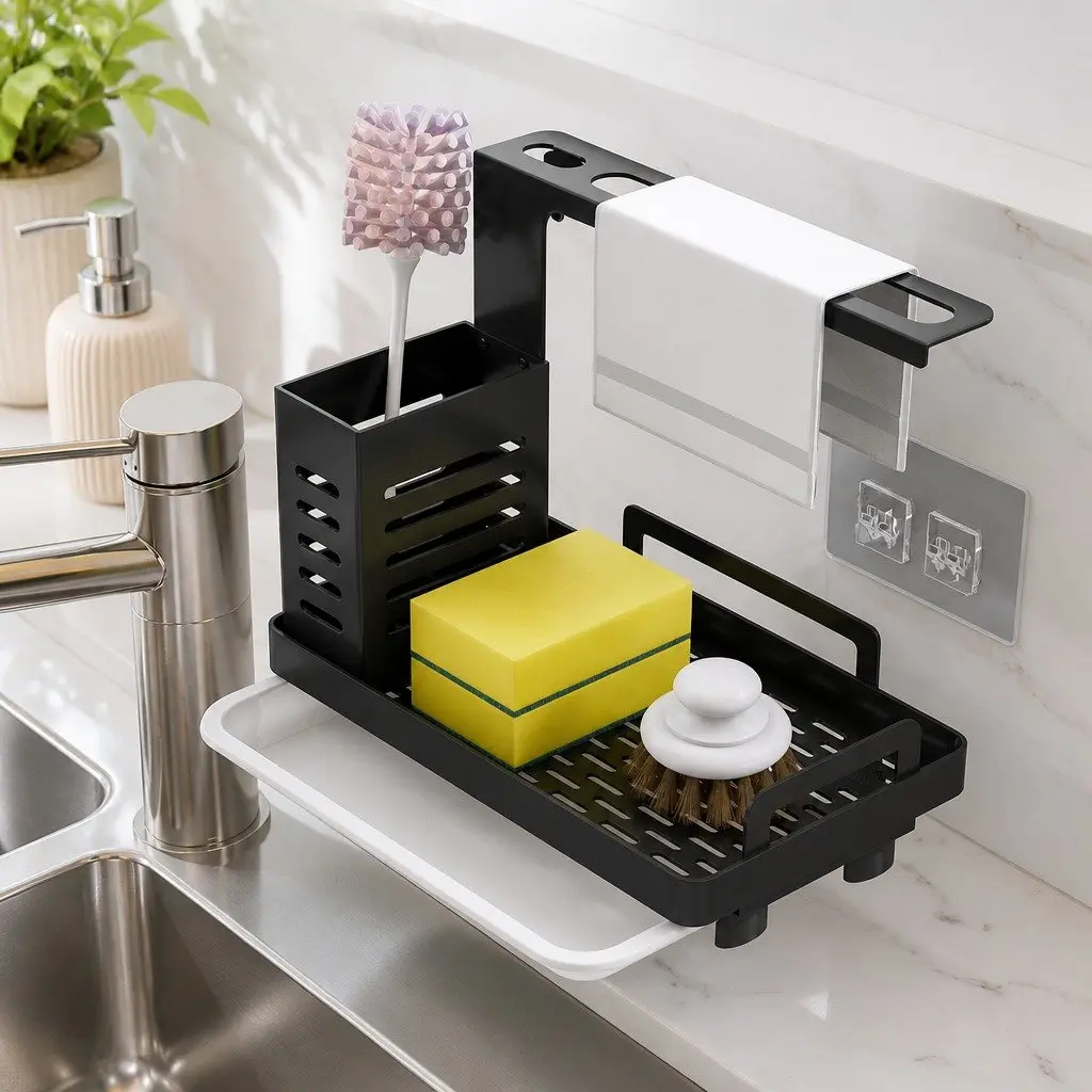 Kitchen Sink Caddy Organizer with Sponge Soap Brush Storage Drain Tray Rag Rack
