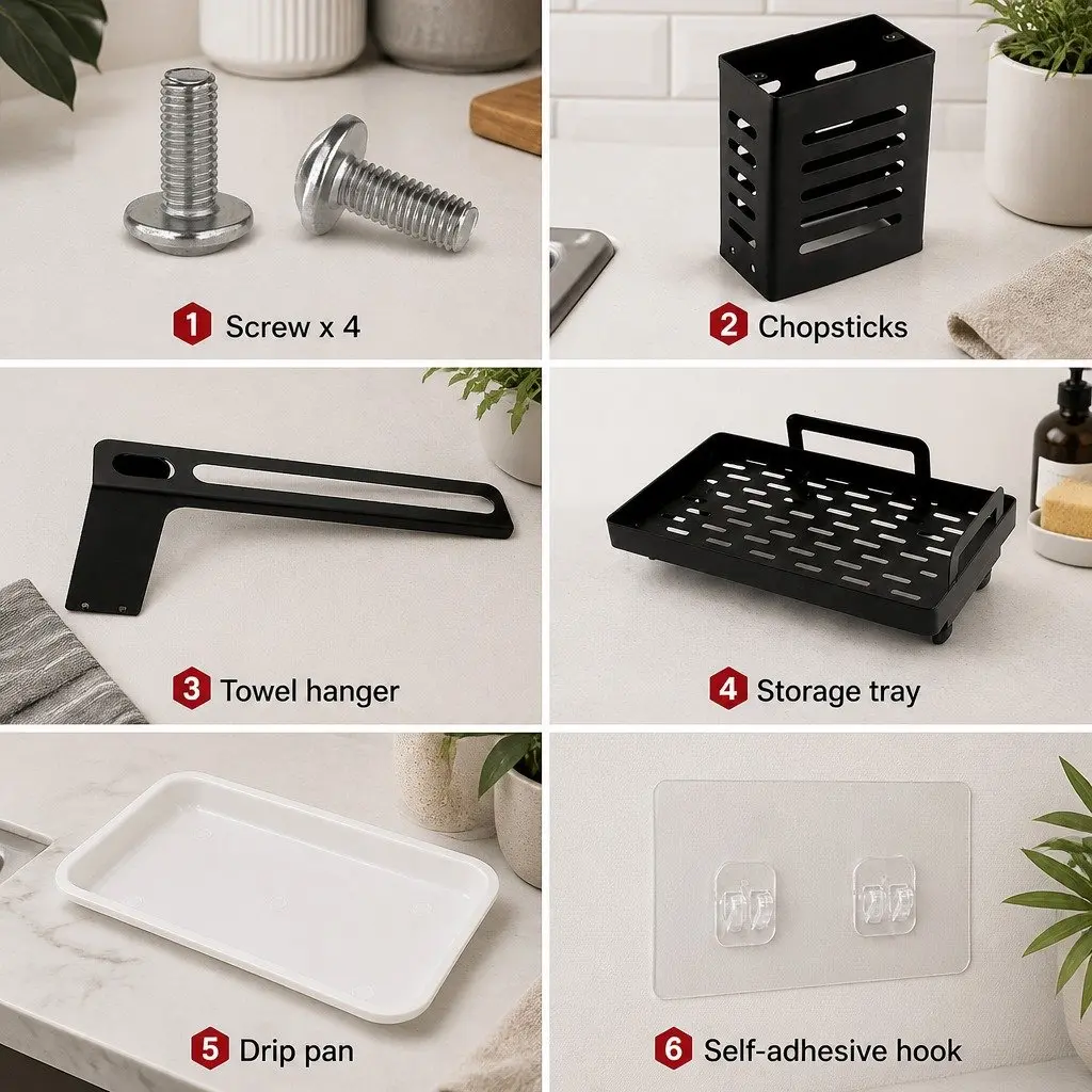 Kitchen Sink Caddy Organizer with Sponge Soap Brush Storage Drain Tray Rag Rack