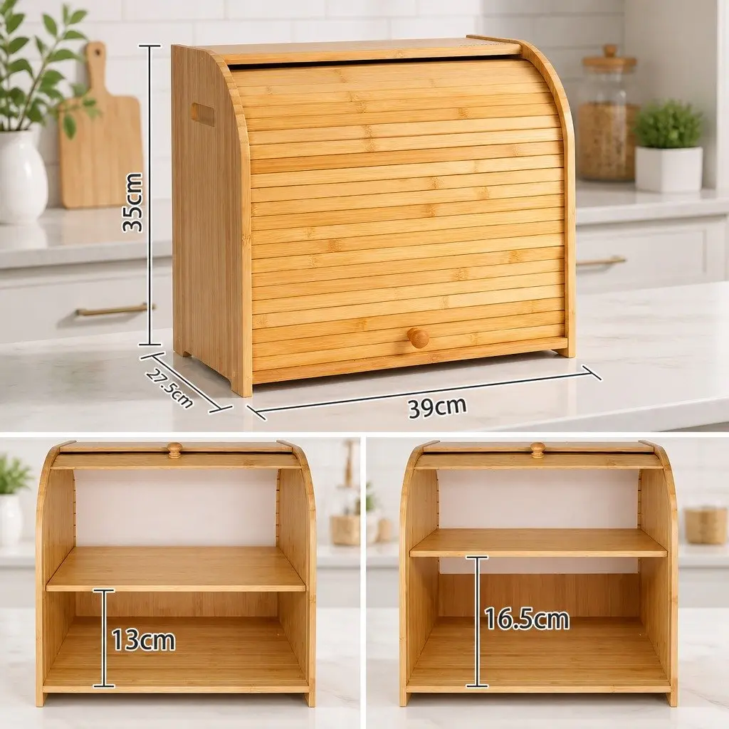 Bamboo Bread Box Roll Top Storage Organizer Kitchen Counter 2-Tier