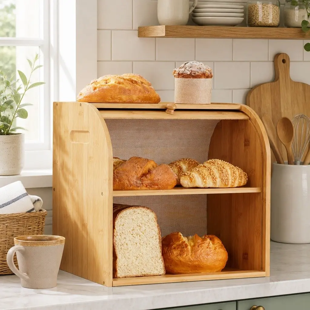 Bamboo Bread Box Roll Top Storage Organizer Kitchen Counter 2-Tier