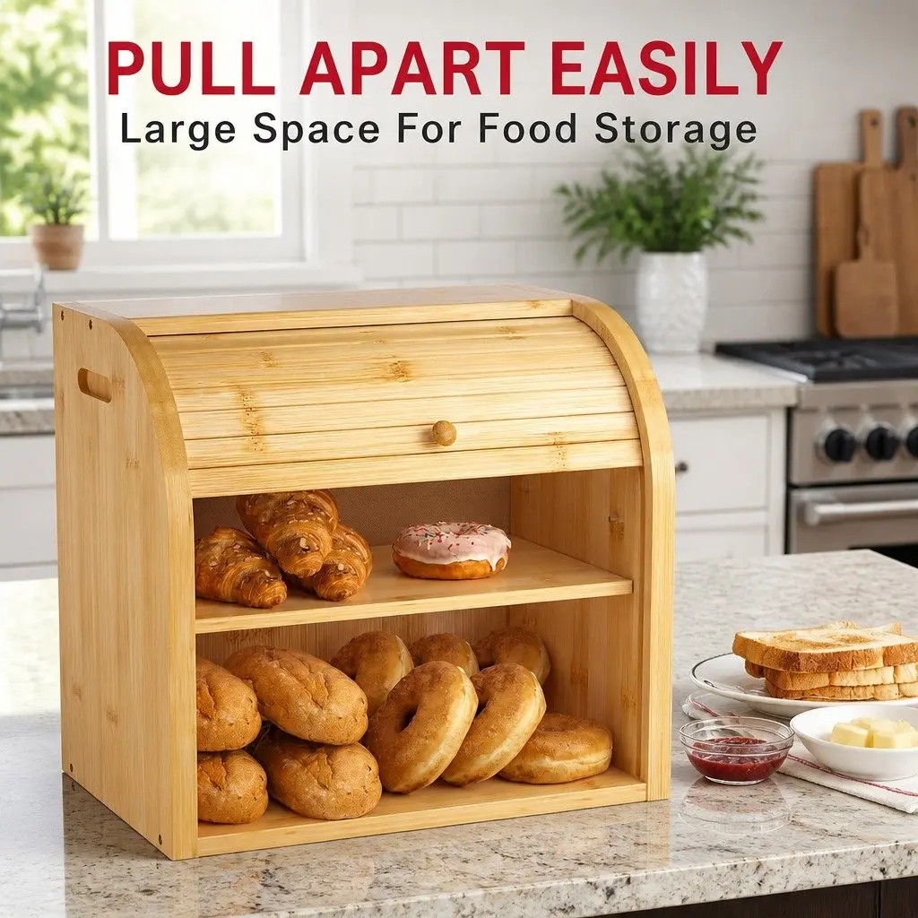 Bamboo Bread Box Roll Top Storage Organizer Kitchen Counter 2-Tier