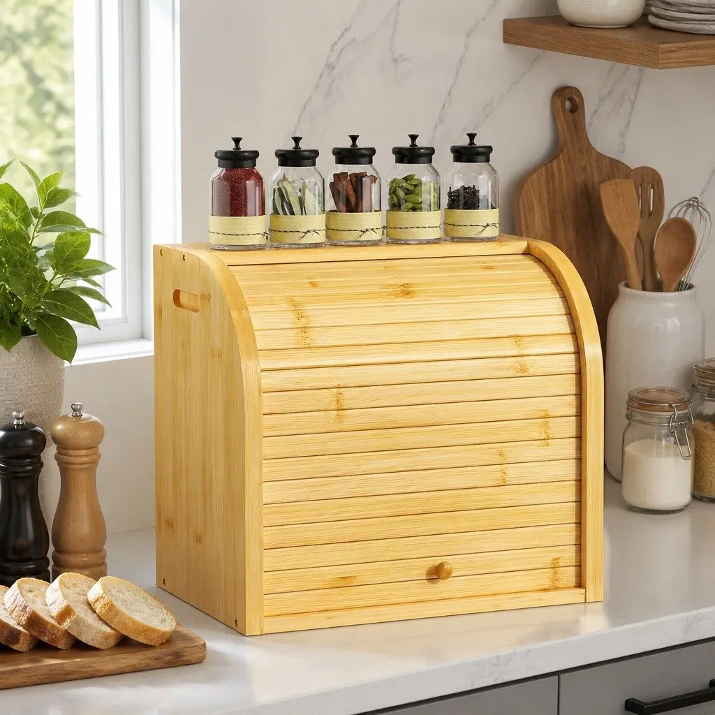 Bamboo Bread Box Roll Top Storage Organizer Kitchen Counter 2-Tier