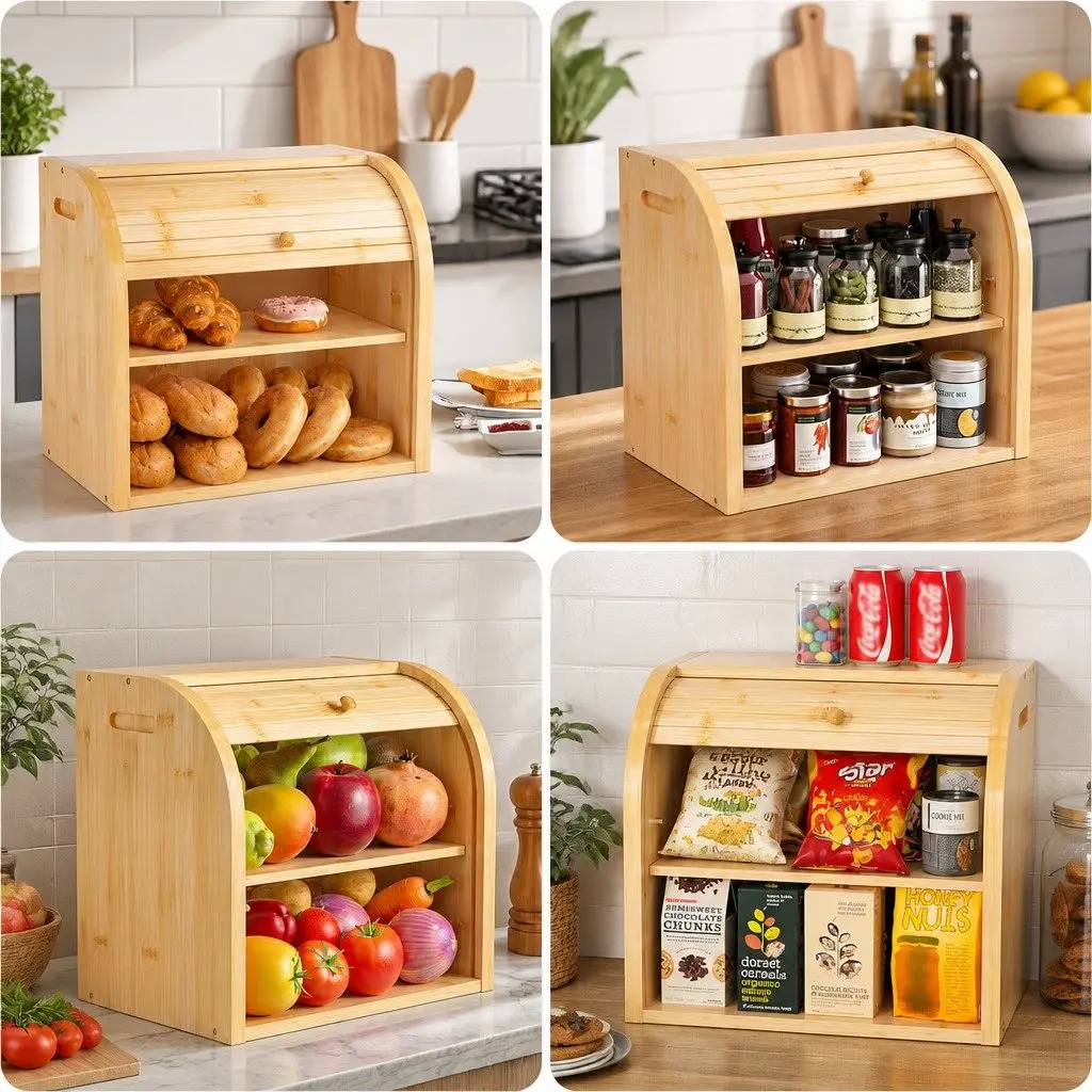 Bamboo Bread Box Roll Top Storage Organizer Kitchen Counter 2-Tier